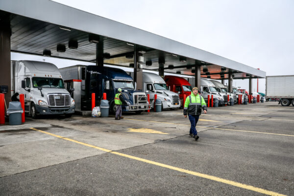 Trucks line up for fuel at the TA America truck stop in London, Ohio, on March 19, 2020. (Charlotte Cuthbertson/The Epoch Times)
