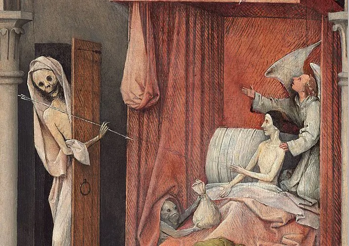 A detail from “Death and the Miser” circa 1485-1490 by Hieronymus Bosch. Oil on Panel, 36 5/8 by 12 3/16 inches. National Gallery of Art, Washington. (Public Domain)