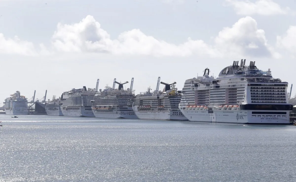 Cruise ships are docked at PortMiami on March 31, 2020, in Miami. (Wilfredo Lee/AP Photo)