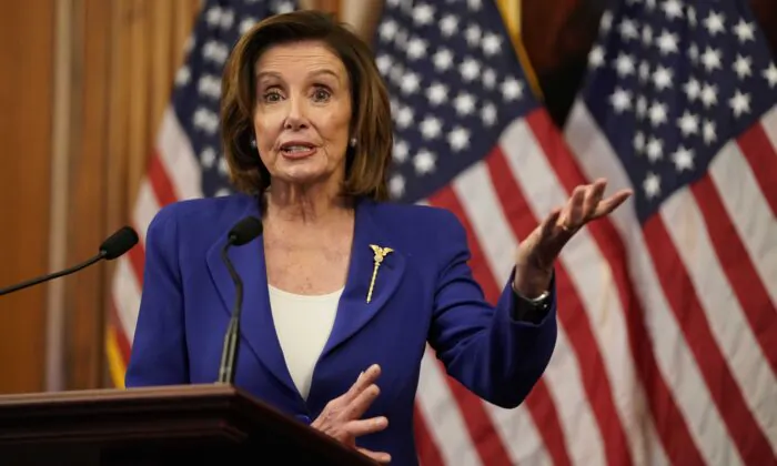 House Speaker Rep. Nancy Pelosi (D-Calif.) speaks to the press at the Capitol in Washington on March 27, 2020. (Alex Edelman/AFP via Getty Images)