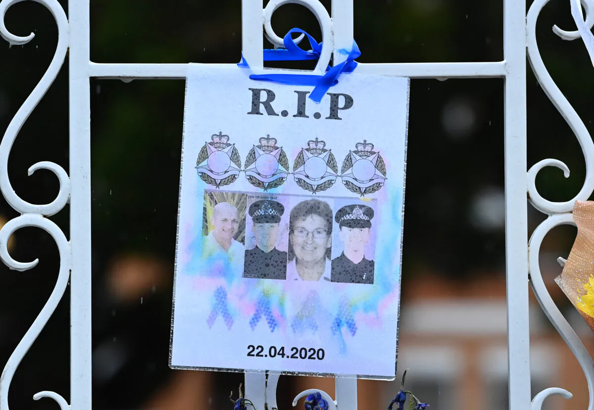 Detail of the pictures of police officers as a tribute at the front gate of the Victoria Police Academy ahead of the funeral of Constable Glen Humphris on May 01, 2020 in Melbourne, Australia. (Quinn Rooney/Getty Images)