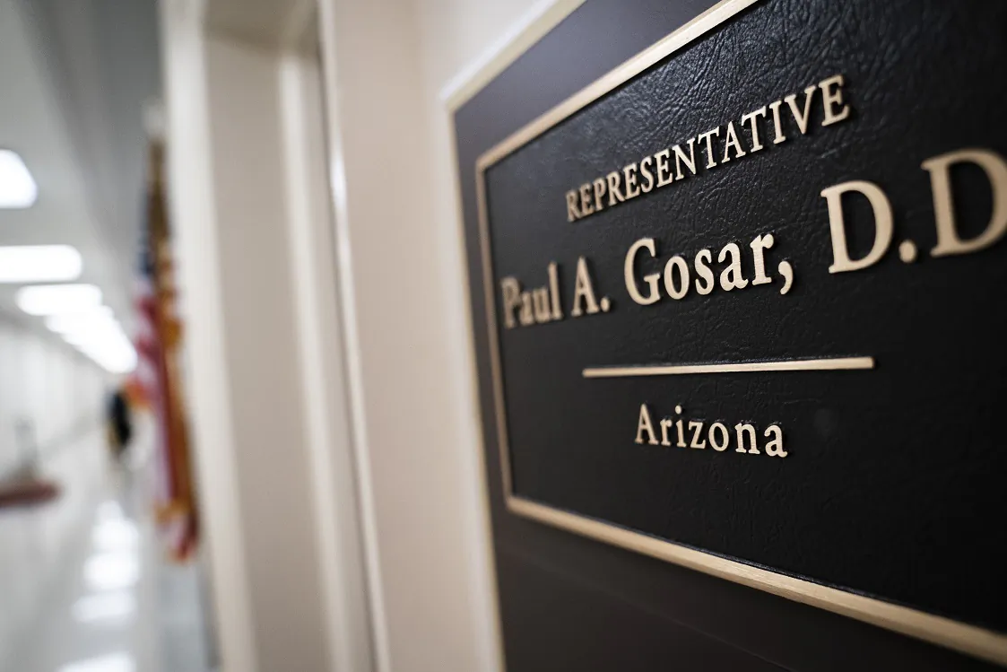 The entrance to Rep. Paul Gosar's (R-Ariz.) closed office in the Rayburn House Office Building on Capitol Hill in Washington on March 9, 2020. (Drew Angerer/Getty Images)