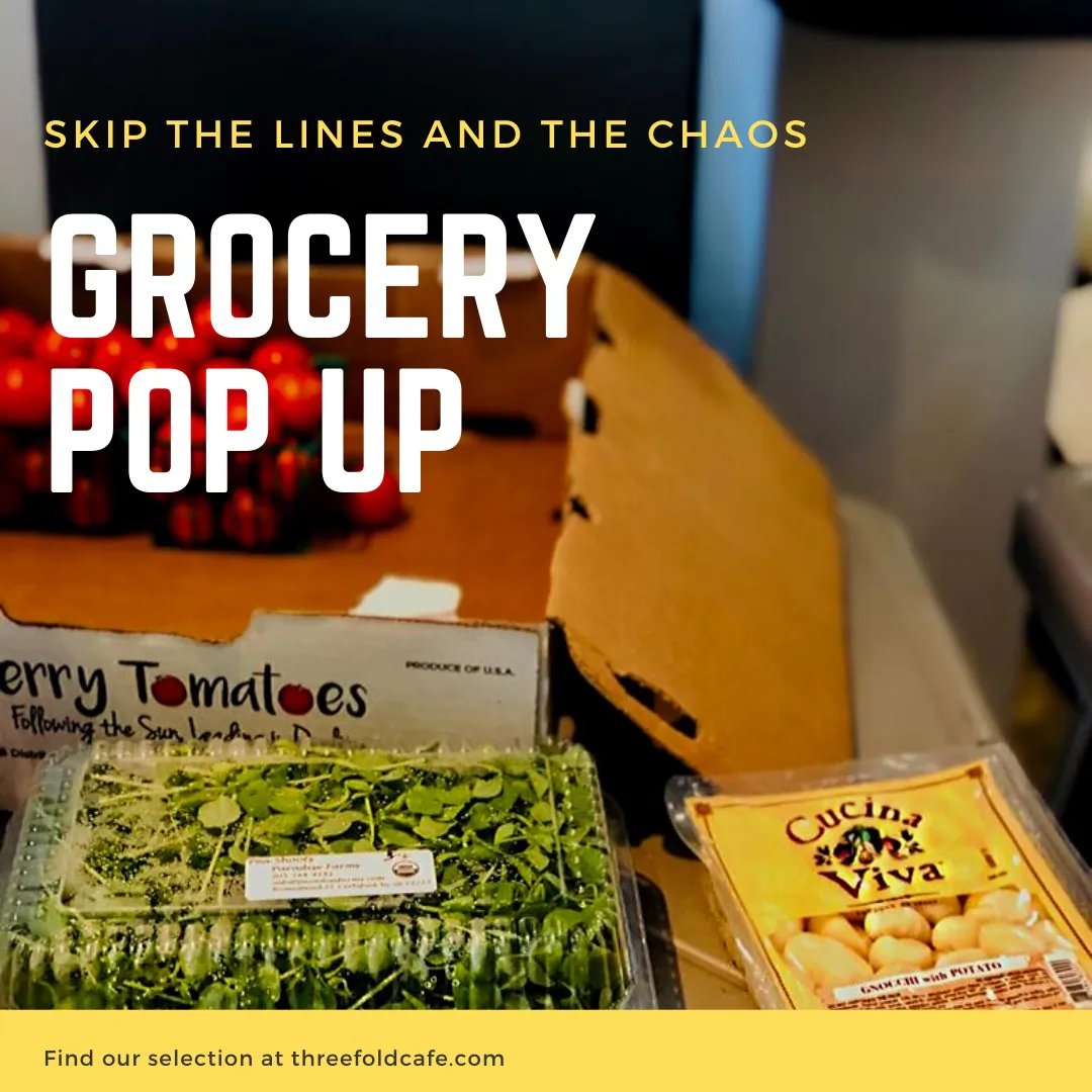 Threefold Cafe's banner promoting its grocery pop up store. (Threefold Cafe)