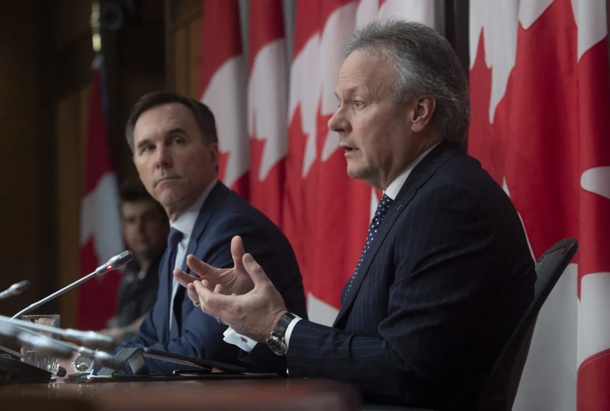 Finance Minister Bill Morneau looks on as Bank of Canada governor Stephen Poloz responds to a question during a news conference in Ottawa on March 27, 2020. (The Canadian Press/Adrian Wyld)
