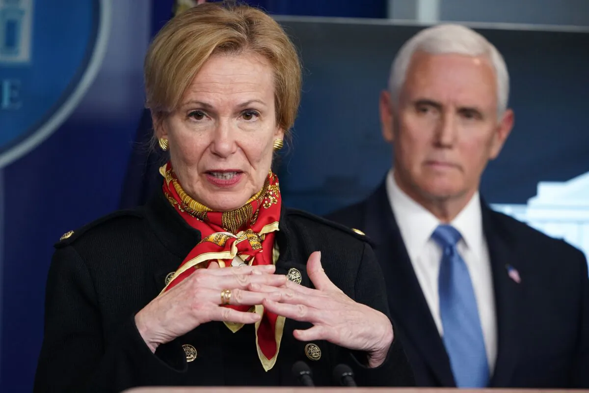 Response coordinator for White House Coronavirus Task Force Deborah Birx speaks as Vice President Mike Pence listens during the daily briefing on the CCP virus in the Brady Briefing Room at the White House in Washington on March 31, 2020. (Mandel Ngan/AFP via Getty Images)