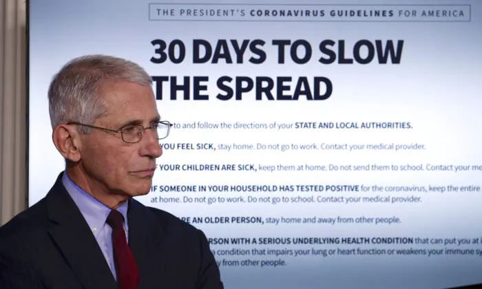 Dr. Anthony Fauci, director of the National Institute of Allergy and Infectious Diseases, listens as President Donald Trump speaks about COVID-19 at the White House, in Washington, on March 31, 2020. (Alex Brandon/AP Photo)