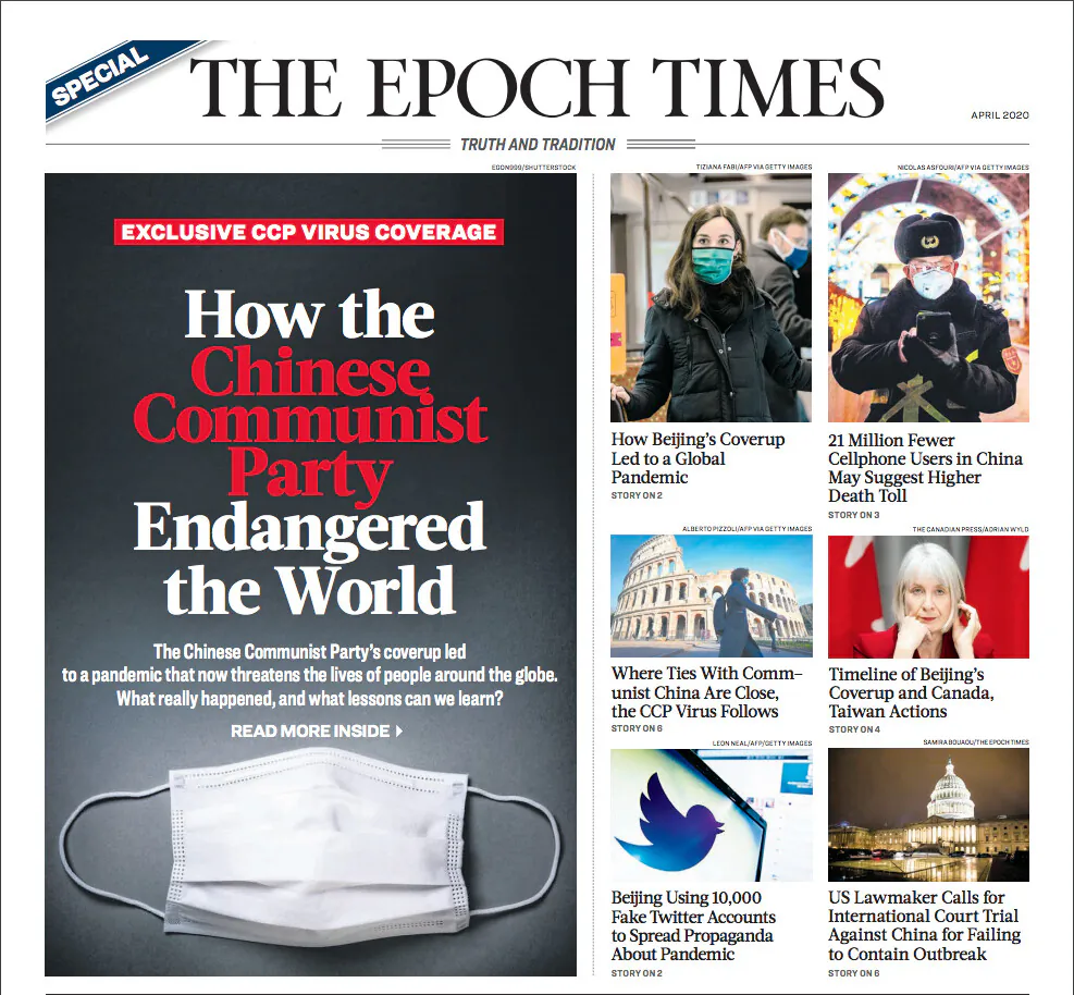 The front page of The Epoch Times special edition that was distributed on April 13, 2020.