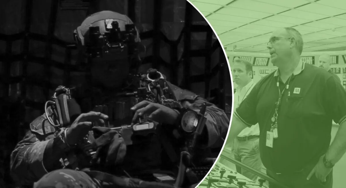 On the left, a Special Operations warrior prepares to conduct a military freefall parachute insertion at night. At right, a Reactor Operator synchronizes the Watts Bar Unit 2 nuclear power plant to the TVA electric grid. (Lance Cpl. Nicole Rogge and TVA.gov)