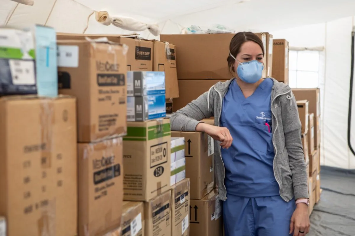 A nurse stands inside a tent with stocked medical supplies at a Samaritan's Purse Emergency Field Hospital in Cremona, near Milan, Italy, on March 20, 2020. (Emanuele Cremaschi/Getty Images)
