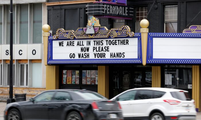 The Magic Bag theater is pictured closed due to Michigan Gov. Gretchen Whitmer's measures to stop the spread of the CCP virus in Ferndale, Mich., on March 26, 2020. (Jeff Kowalsky/AFP via Getty Images)