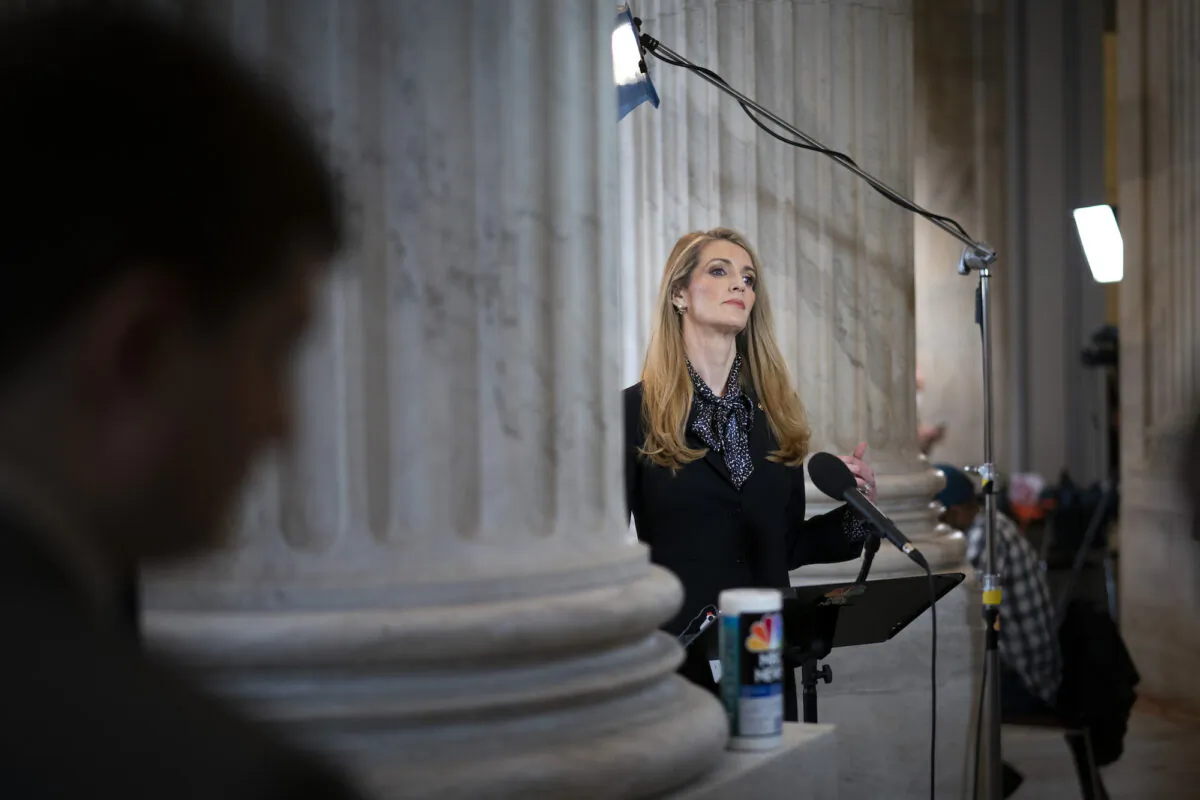 Sen. Kelly Loeffler (R-Ga.) during a television interview on Capitol Hill in Washington on March 20, 2020. (Drew Angerer/Getty Images)