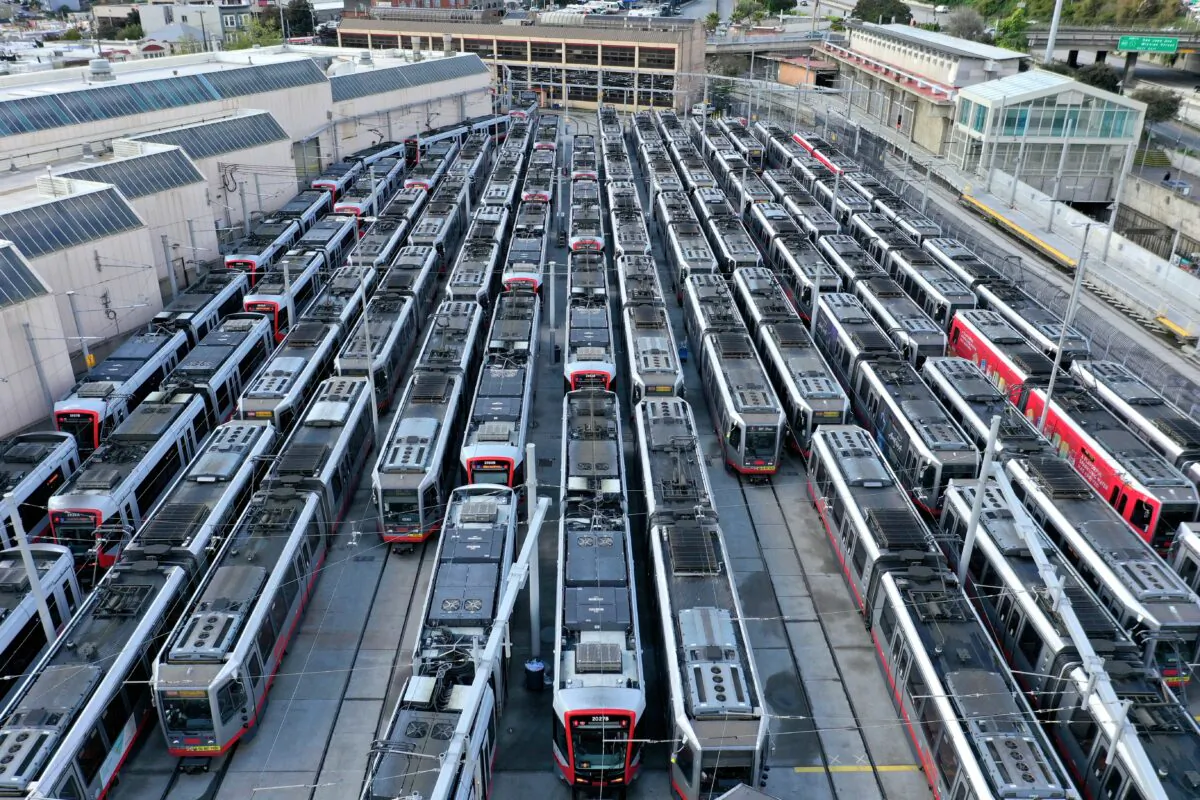 San Francisco MUNI Metro trains sit parked as ridership has plummeted due to residents sheltering in place due to CCP virus concerns in San Francisco, California, on March 30, 2020. (Justin Sullivan/Getty Images)