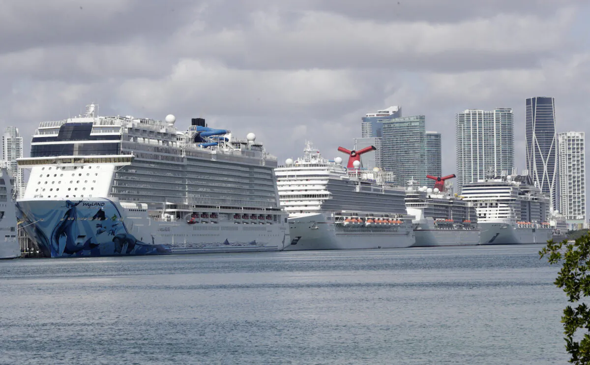Cruise ships are shown docked at PortMiami in Miami, on March 31, 2020. (Wilfredo Lee/AP)