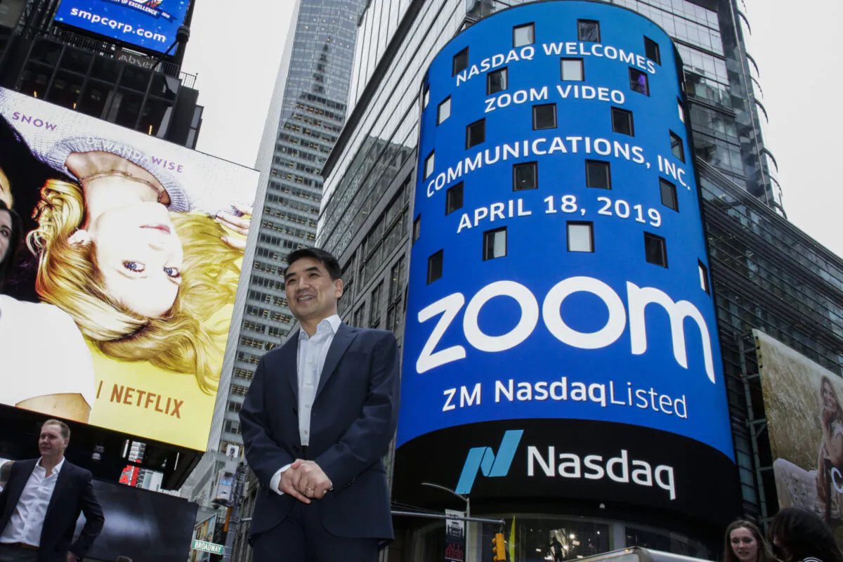 Zoom founder Eric Yuan poses in front of the Nasdaq building. (Kena Betancur/Getty Images)