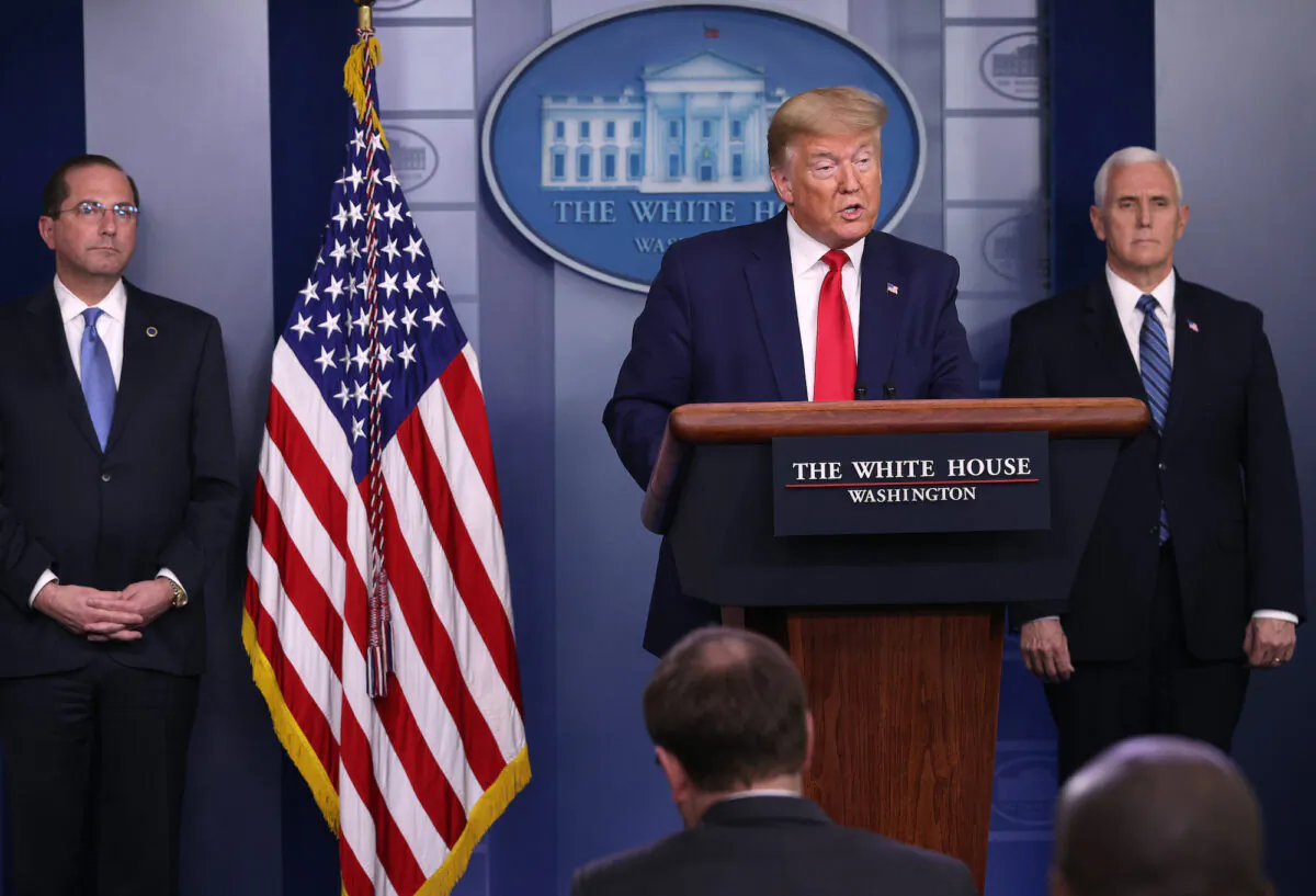 President Donald Trump speaks in the press briefing room with members of the White House Coronavirus Task Force April 3, 2020 in Washington. (McNamee/Getty Images)