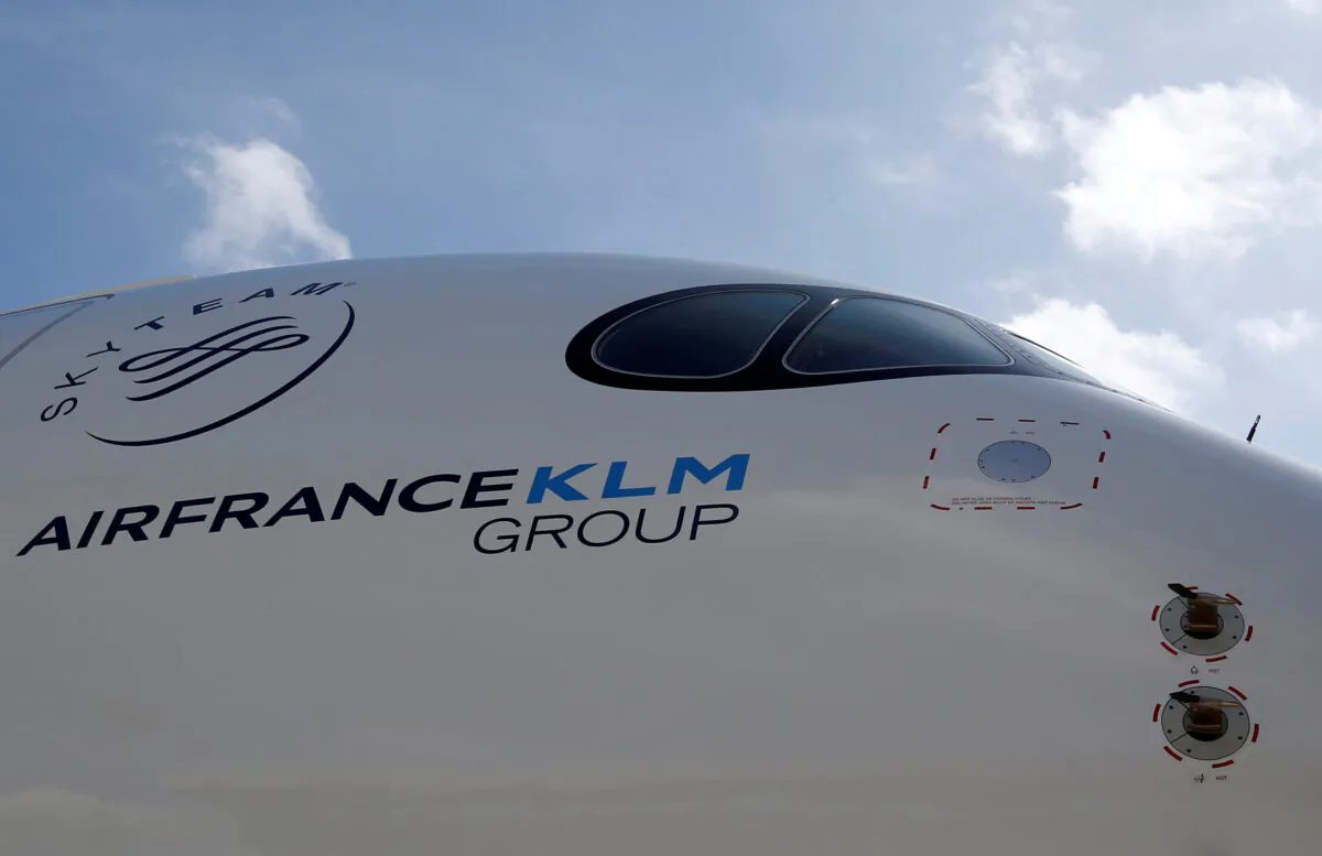Logo of Air France KLM Group is pictured on the first Air France airliner's Airbus A350 during a ceremony at the aircraft builder's headquarters of Airbus in Colomiers near Toulouse, France, on Sept. 27, 2019. (Regis Duvignau/Reuters)