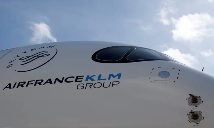 Logo of Air France KLM Group is pictured on the first Air France airliner's Airbus A350 during a ceremony at the aircraft builder's headquarters of Airbus in Colomiers near Toulouse, France, on Sept. 27, 2019. (Regis Duvignau/Reuters)