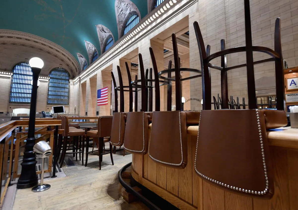 A view of an empty restaurant is seen at Grand Central Station on in New York City on March 25, 2020. (Angela Weiss/AFP via Getty Images)