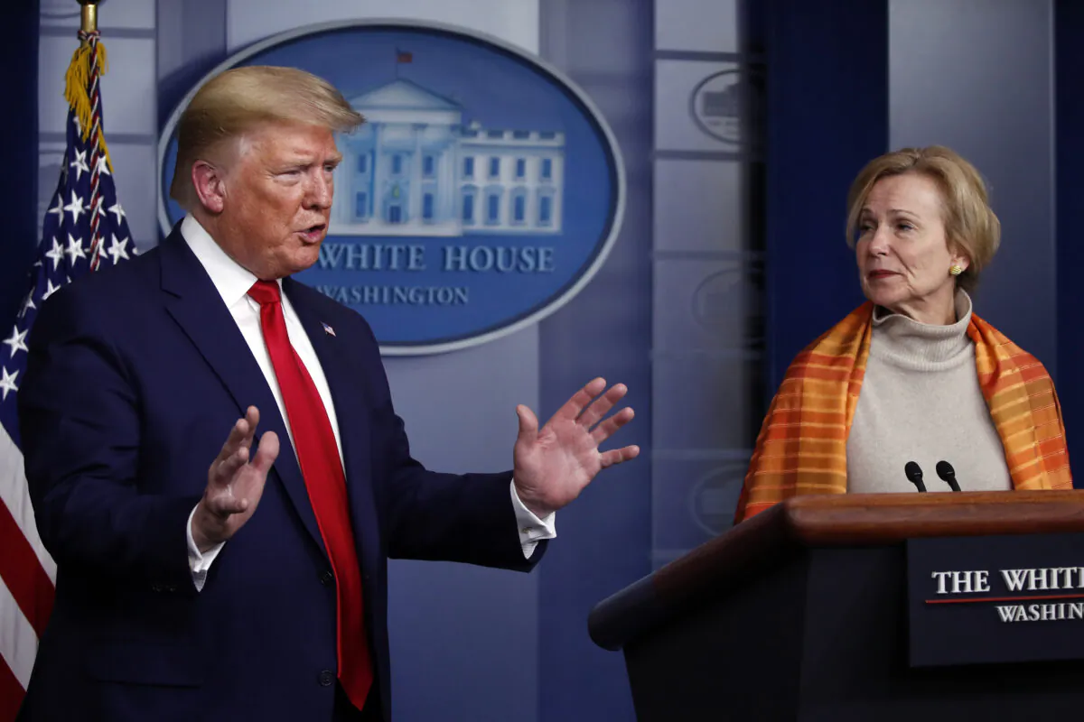 President Donald Trump speaks about the CCP virus as Dr. Deborah Birx, White House coronavirus response coordinator, listens, in the James Brady Press Briefing Room of the White House in Washington on April 3, 2020. (Alex Brandon/AP Photo)