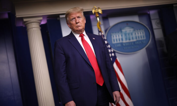 President Donald Trump in the press briefing room with members of the White House coronavirus task force in Washington on April 3, 2020. (Win McNamee/Getty Images)