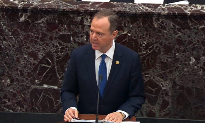 In this screengrab taken from a Senate Television webcast, House manager Rep. Adam Schiff (D-Calif.) speaks during impeachment proceedings against President Donald Trump in the Senate at the Capitol in Washington on Feb. 3, 2020. (Senate Television via Getty Images)
