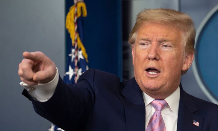 President Donald Trump speaks during the daily briefing on the CCP virus at the White House in Washington on April 4, 2020. (Jim Watson/AFP via Getty Images)