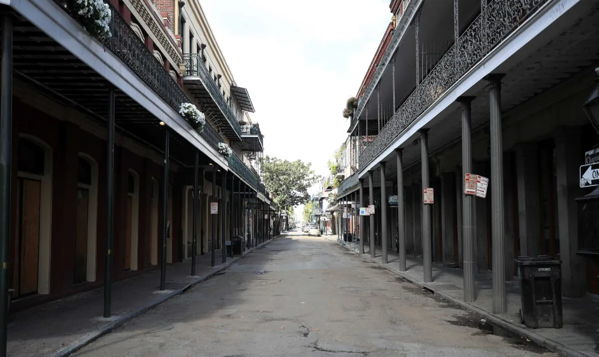 A view of an empty street in the French Quarter amid the coronavirus (Covid-19) pandemic in New Orleans, La., on March 27, 2020. (Chris Graythen/Getty Images)