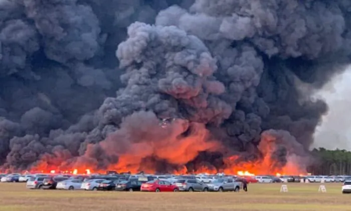 A fire next to Southwest Florida International Airport in Fort Meyers has been contained but not before it destroyed or damaged more than 3,000 cars on April 3, 2020. (Charlotte County Sheriff's Office)
