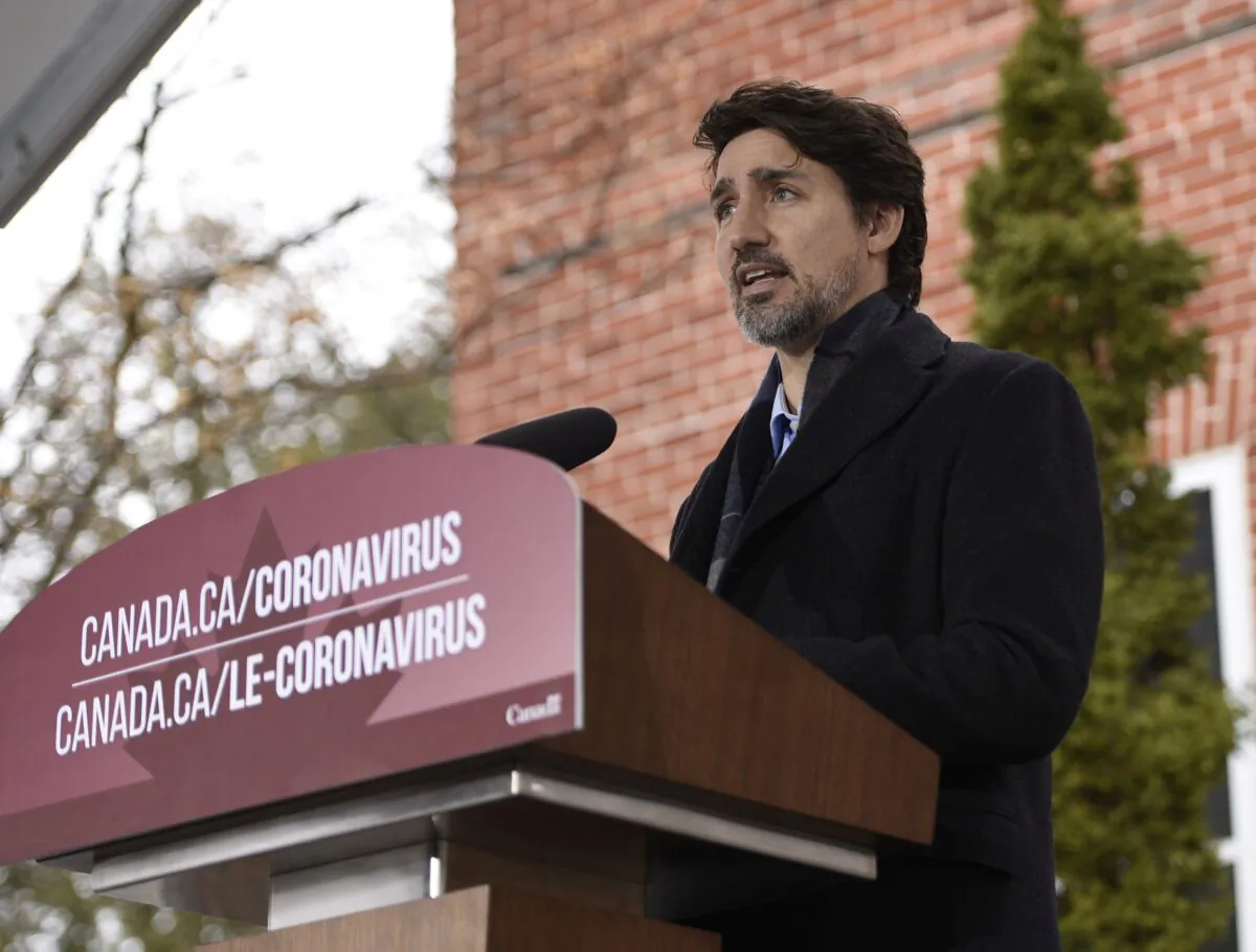 Prime Minister Justin Trudeau speaks during his daily press conference on the COVID-19 pandemic outside his residence in Ottawa on April 5, 2020. (Justin Tang/The Canadian Press)