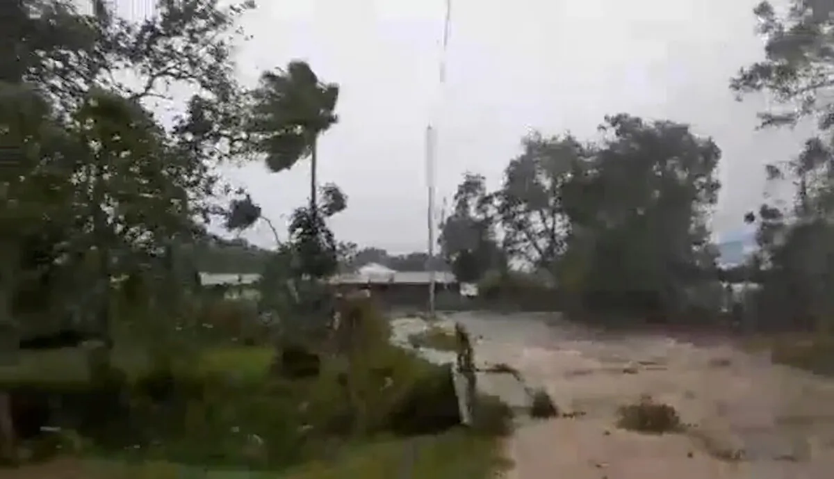 Cyclone Harold brings strong winds in Luganville, Vanuatu on April 6, 2020, in this still image obtained from a social media video. (Courtesy of Adra Vanuatu/Social Media via Reuters)