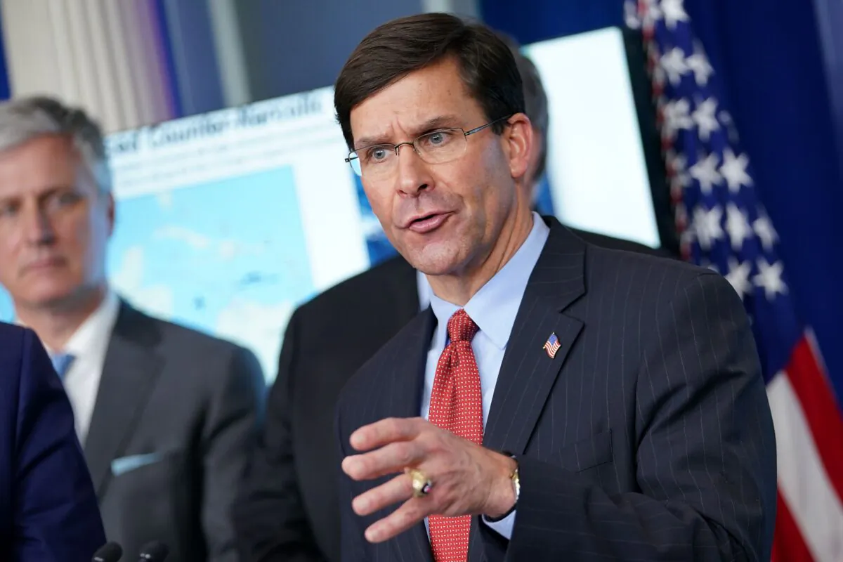 Secretary of Defense Mark Esper speaks during the daily briefing on the CCP virus in the Brady Briefing Room at the White House in Washington on April 1, 2020. (Mandel Ngan/AFP via Getty Images)