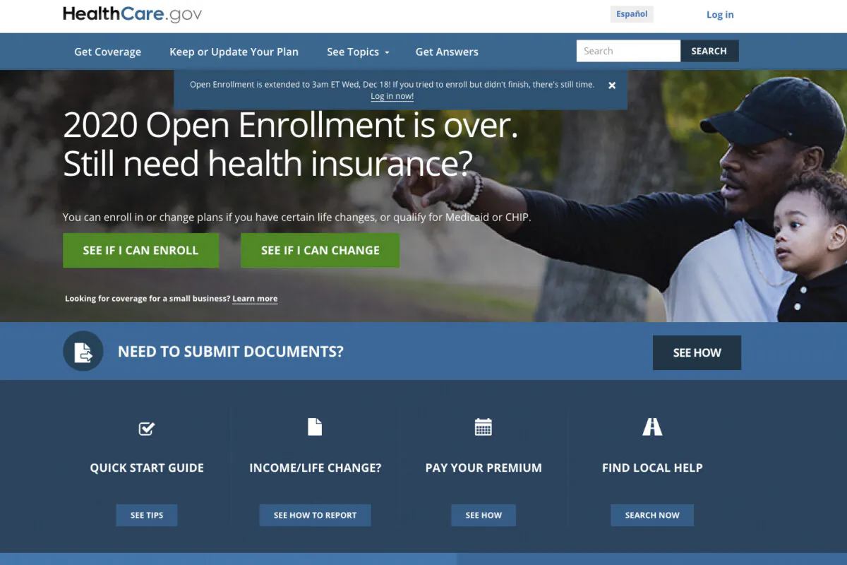 This screengrab from the website HealthCare.gov shows the extended deadline for signing up for health care coverage for 2020. (Centers for Medicare and Medicaid Services via AP)