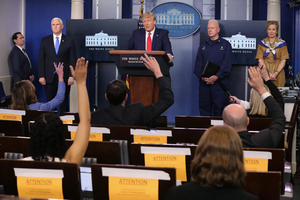 (2nd L-R) U.S. Vice President Mike Pence, President Donald Trump, Assistant Secretary for Health Admiral Brett Giroir and Dr. Deborah Birx, coronavirus response coordinator, in the Brady Press Briefing Room at the White House on April 6, 2020. (Chip Somodevilla/Getty Images)