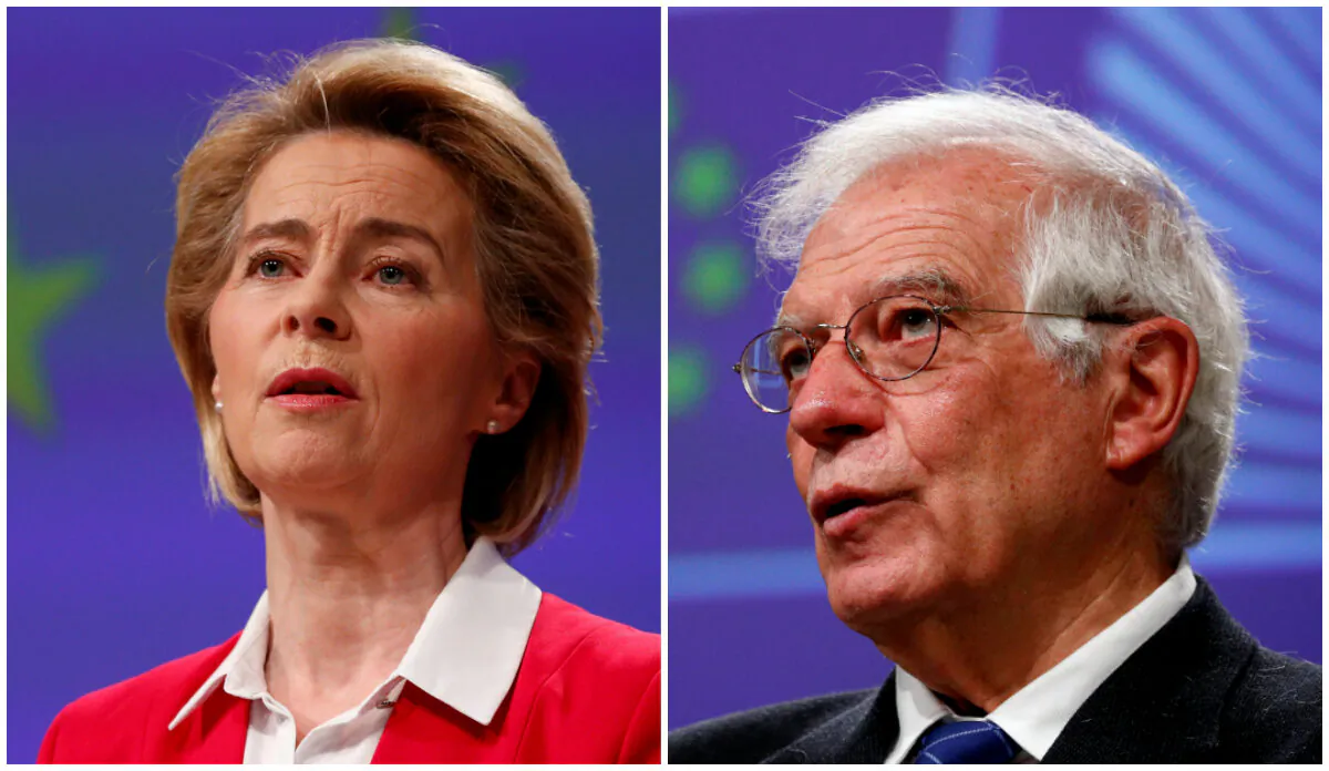 (L) European Commission President Ursula von der Leyen holds a news conference detailing EU efforts to limit economic impact of the CCP disease (COVID-19) outbreak, in Brussels, Belgium April 2, 2020. (Francois Lenoir/Pool/Reuters), (R) European High Representative for Foreign Affairs and Security Policy Josep Borrell, holds a virtual news conference at the European Commission in Brussels, Belgium, on March 31, 2020. (Francois Lenoir/Pool/Reuters/File Photo)