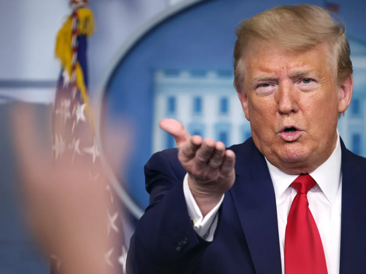 President Donald Trump speaks to reporters following a meeting of his task force on the CCP virus in the Brady Press Briefing Room at the White House in Washington on April 6, 2020. (Chip Somodevilla/Getty Images)