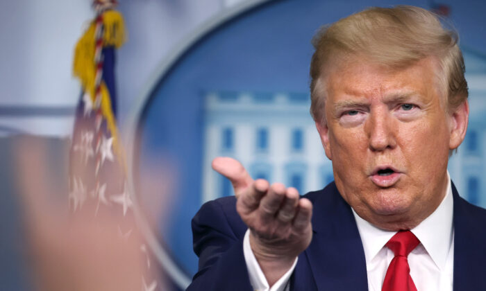 President Donald Trump speaks to reporters following a meeting of his task force on the CCP virus in the Brady Press Briefing Room at the White House in Washington on April 6, 2020. (Chip Somodevilla/Getty Images)