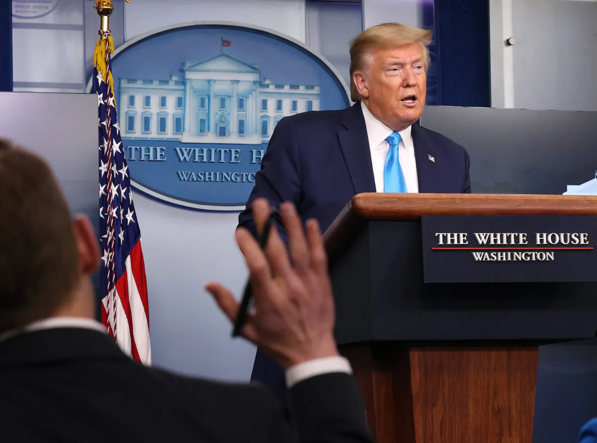 President Donald Trump speaks to reporters following a meeting of the coronavirus task force in the Brady Press Briefing Room at the White House in Washington on April 7, 2020. (Chip Somodevilla/Getty Images)