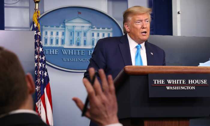 President Donald Trump speaks to reporters following a meeting of the coronavirus task force in the Brady Press Briefing Room at the White House in Washington on April 7, 2020. (Chip Somodevilla/Getty Images)