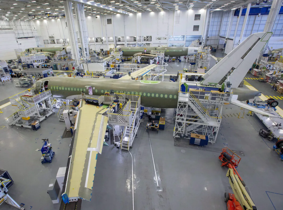 The Airbus A220 assembly line at the company's facility in Mirabel, Quebec, on Jan. 14, 2019. (The Canadian Press/Ryan Remiorz)