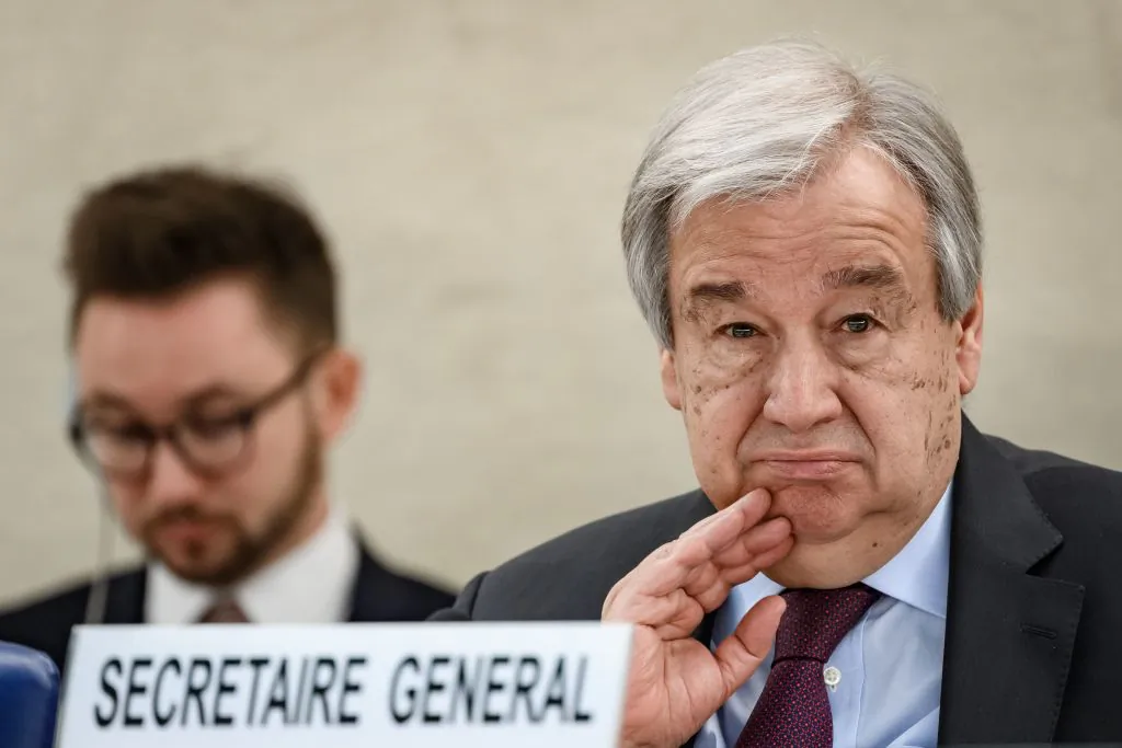 UN Secretary-General Antonio Guterres looks on during the opening of the UN Human Rights Council's main annual session in Geneva on Feb. 24, 2020. (Fabrice Coffrini/AFP via Getty Images)