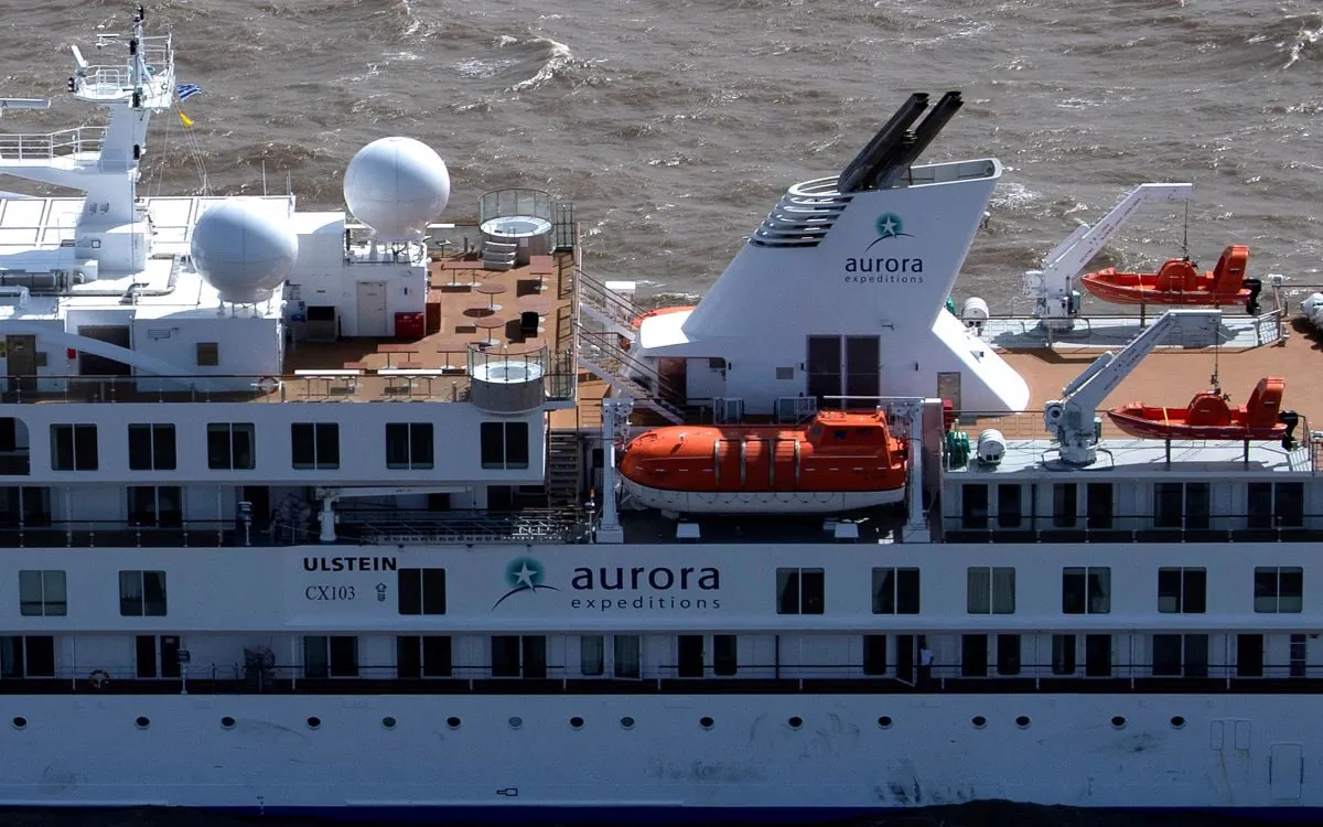 The Australian cruise ship Greg Mortimer off the port of Montevideo on April 7, 2020. (Pablo Porciuncula/Getty Images)