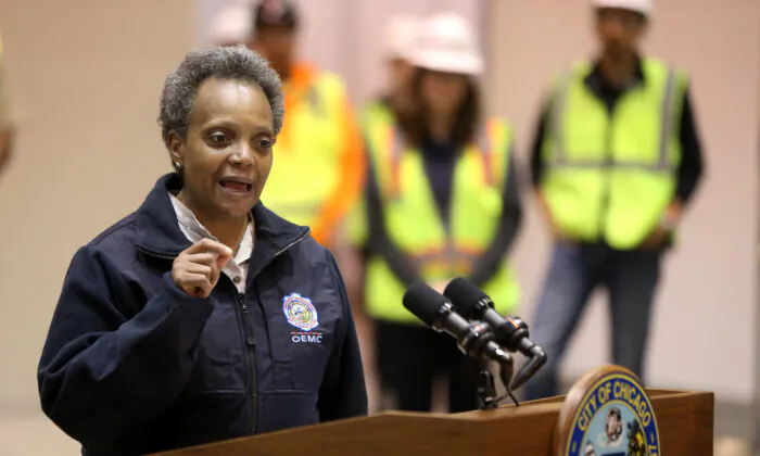 Chicago Mayor Lori Lightfoot at McCormick Place in Chicago, Ill., on April 3, 2020. (Chris Sweda-Pool via Getty Images)