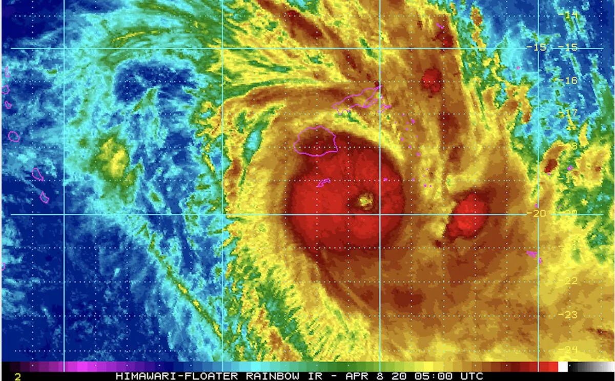 Infra-red satellite imagery of Cyclone Harold over the Pacific Ocean on April 8, 2020. (HIMAWARI/NOAA)