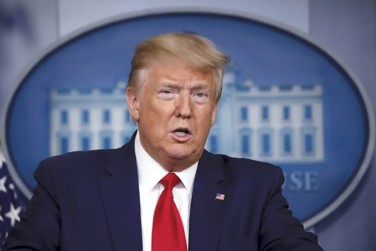 President Donald Trump speaks in the James Brady Press Briefing Room of the White House in Washington, on April 6, 2020. (Alex Brandon/AP Photo)
