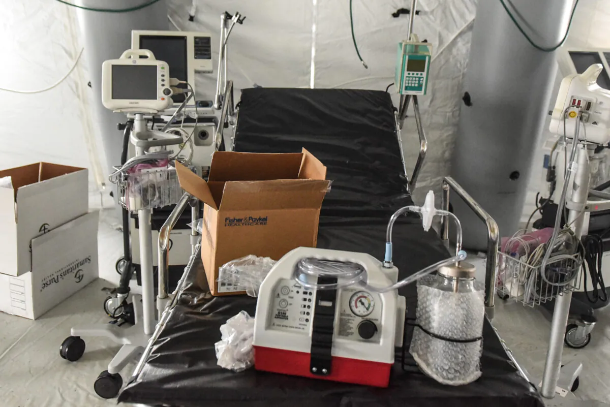 A ventilator and other hospital equipment is seen in an emergency field hospital to aid in the COVID-19 pandemic in Central Park in New York City on March 30, 2020. (Stephanie Keith/Getty Images)