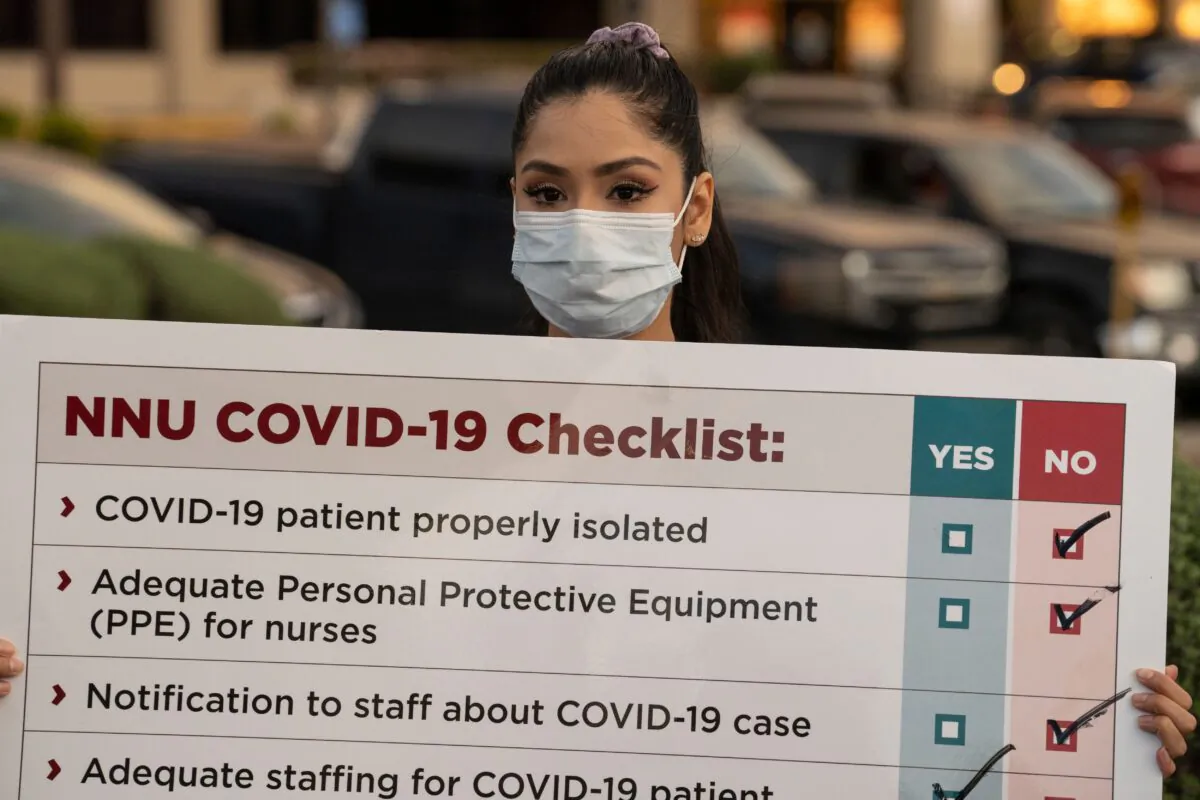 A nurse holds a sign during a demonstration in El Paso, Texas, on April 1, 2020. Gov. Abbott banned most abortions out of concern that all medical resources be used to fight COVID-19. (Paul Ratje/AFP via Getty Images)