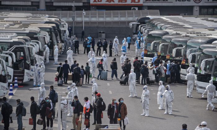 Wuhan people are waiting for the 14 days’ quarantine arrangement after they arrived at Beijing, China on April 8, 2020. (Kevin Frayer/Getty Images)