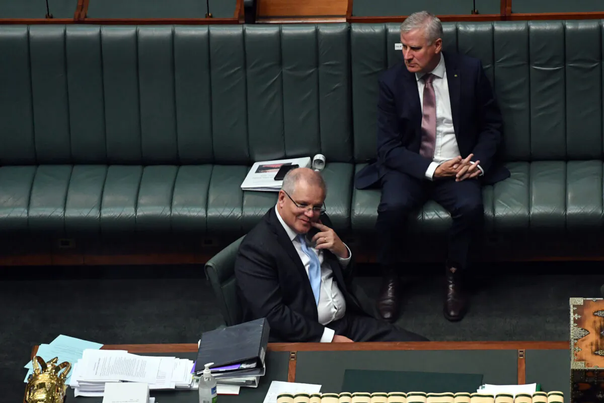 Prime Minister Scott Morrison (front) in the House of Representatives on April 8, 2020 in Canberra, Australia. (Sam Mooy/Getty Images)