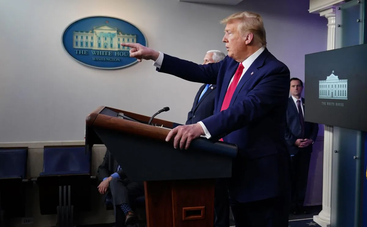 President Donald Trump at the daily briefing on the CCP virus in the Brady Briefing Room at the White House on April 6, 2020. (Mandel Ngan/AFP via Getty Images)