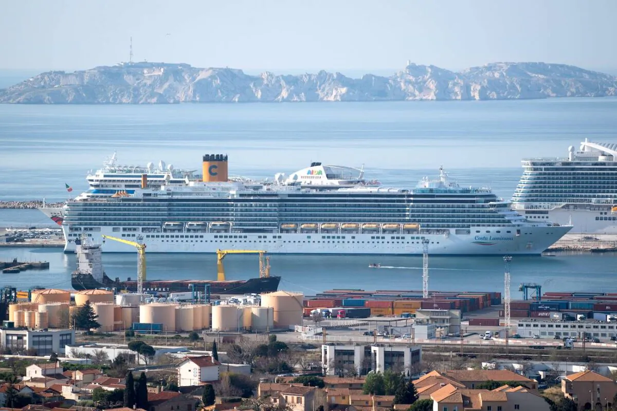The trans-Atlantic cruise ship Costa Luminosa is moored at Marseille harbour, France, on March 20, 2020. (Clement Mahoudeau/AFP via Getty Images)